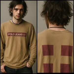 Vintage Y2K Ralph Lauren Polo Jeans Co. Trashed Grunge Tan Long Sleeve Shirt XL